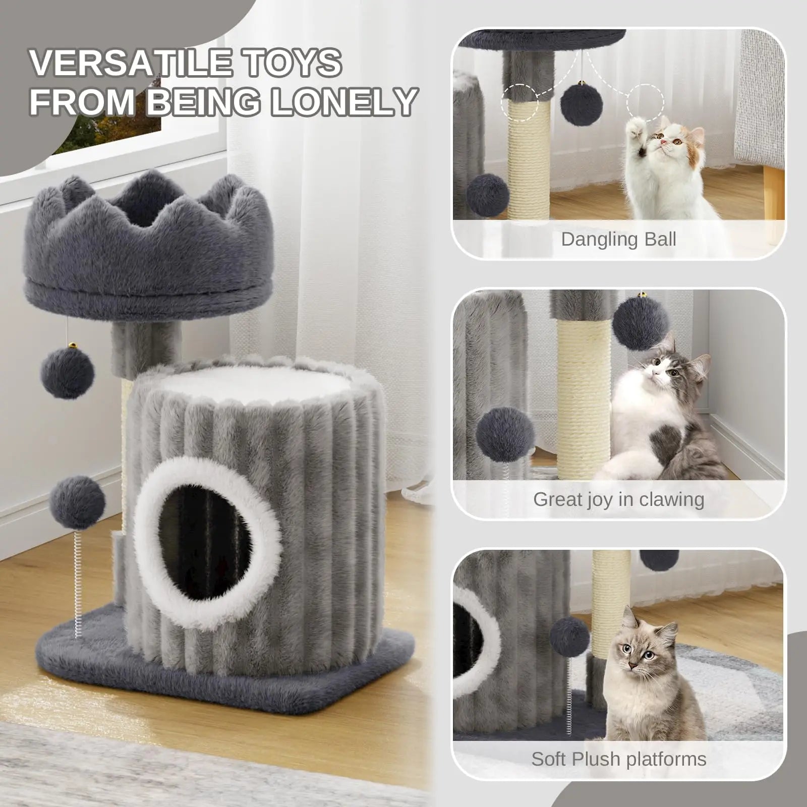 Cat play tree with various toys and a cat sitting on it, labeled 'Versatile Toys from Being Lonely'.