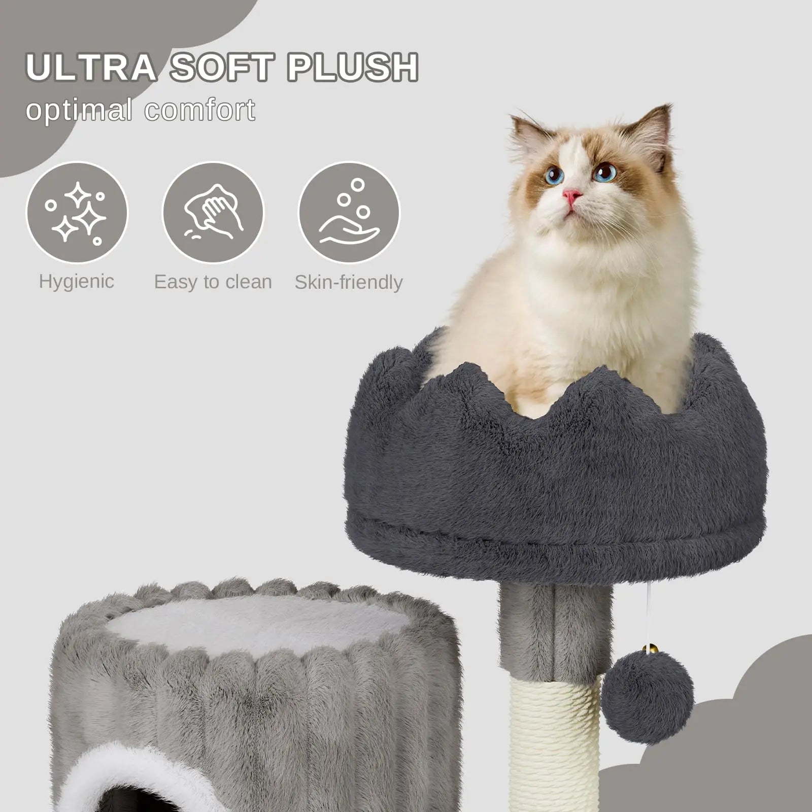 Cat sitting on a gray plush cat tree with text highlighting comfort features.