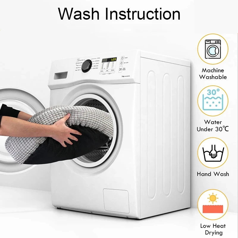Person loading laundry into a washing machine with wash instruction icons displayed.