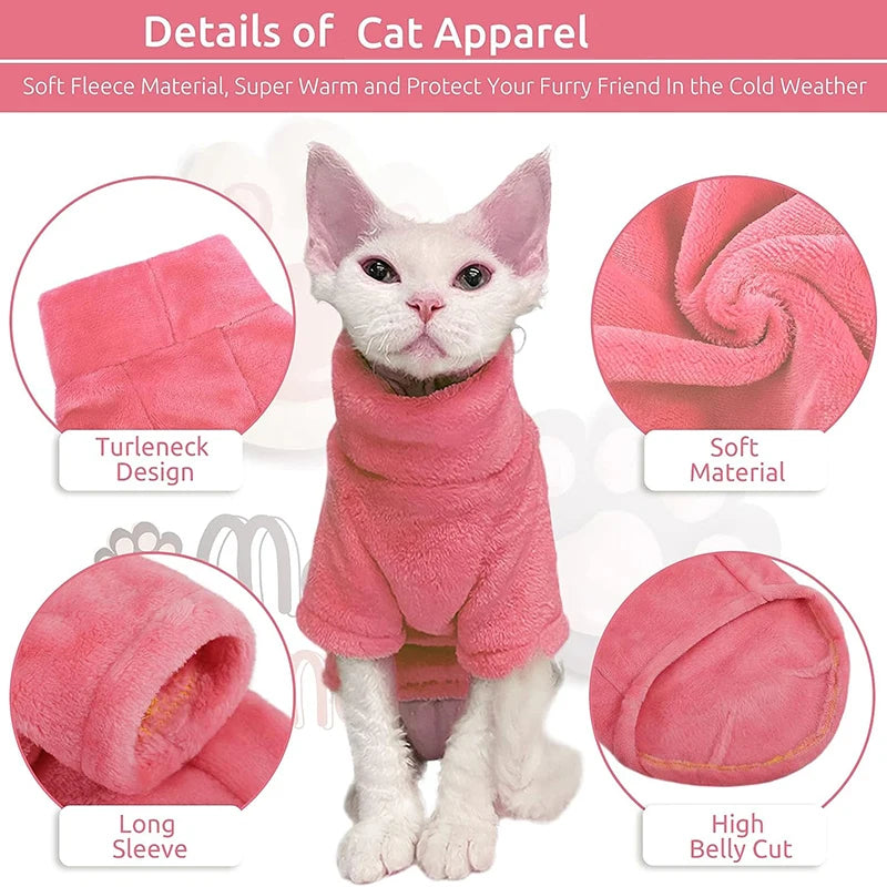 Winter Warm Cat Sweater - Soft Fleece Turtleneck Jumper for Hairless Cats, Maine Coon, Chihuahua, and Small Dogs