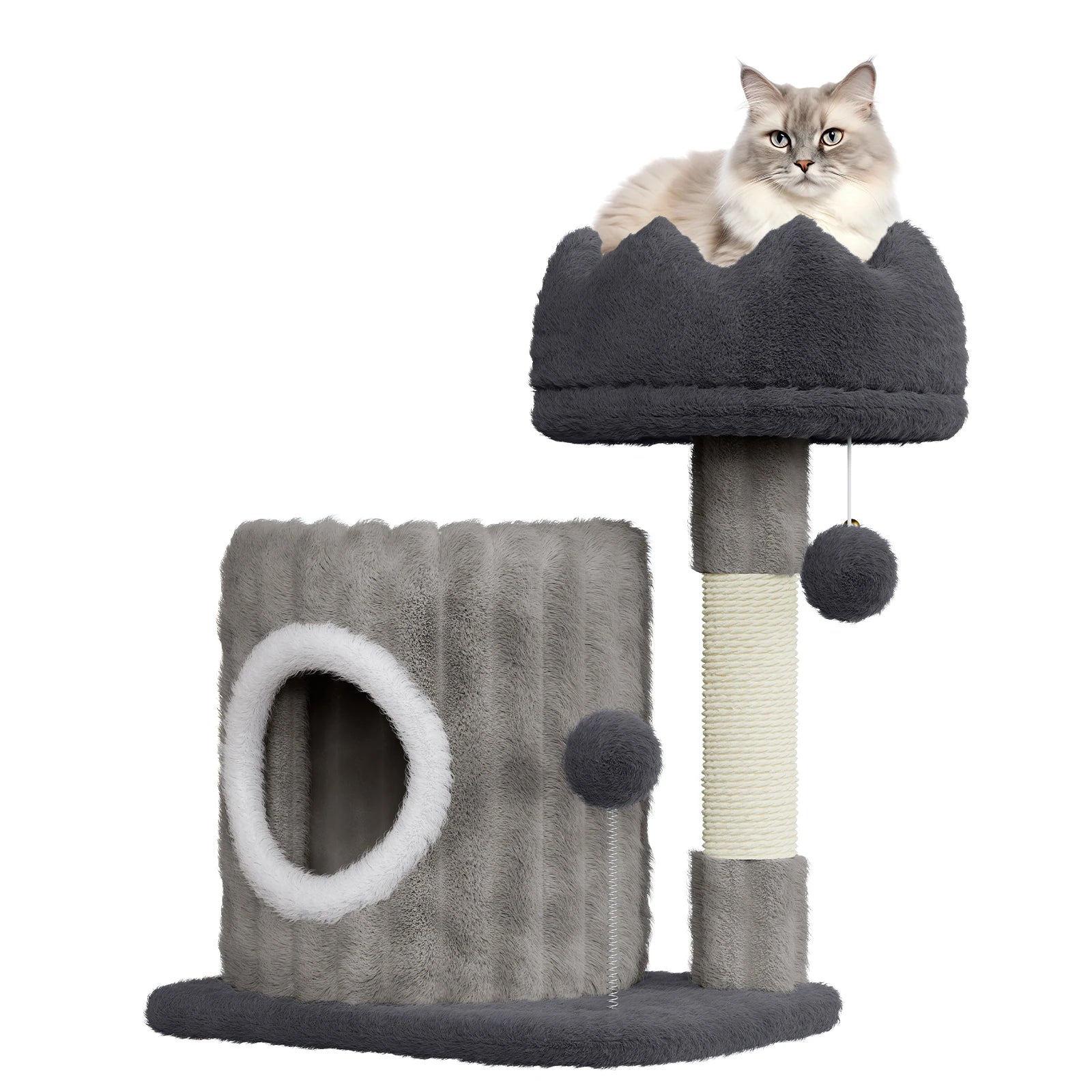 Cat sitting on a gray cat tree with a white background
