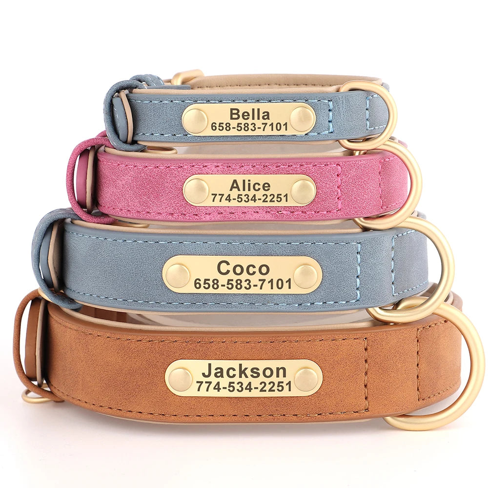 Personalised PU Leather Dog Collar - Custom Engraved Nameplate Tags for All Dog Sizes