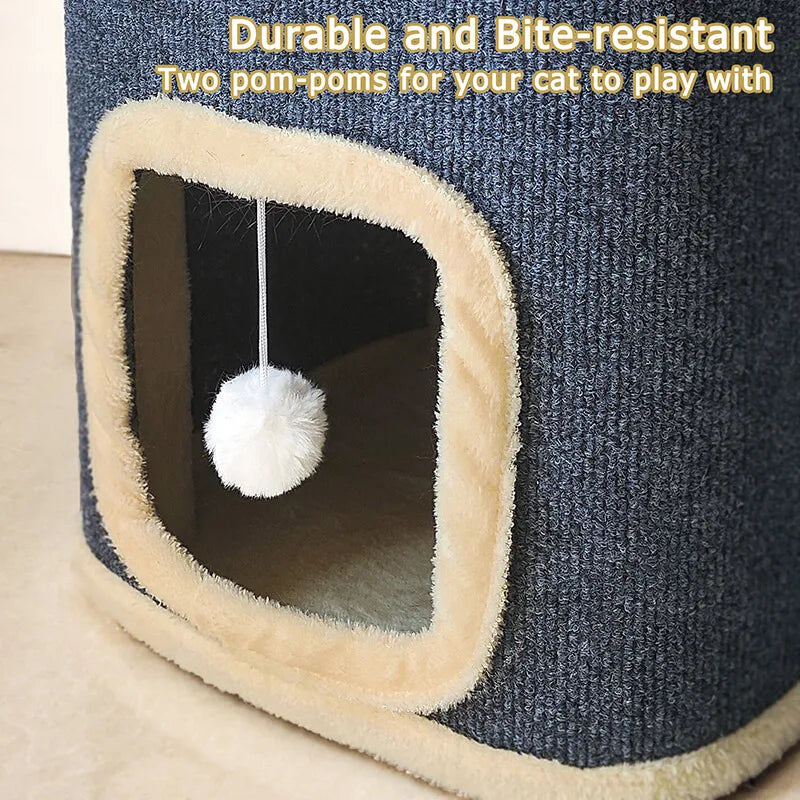2-Layer Cat House – Rectangular Indoor Cat Cave with Hanging Toy, Cozy Double-Layer Bed for Cats