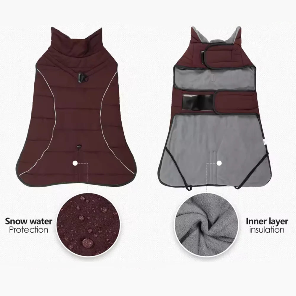 Dog coat with snow water protection and inner layer insulation features on a white background