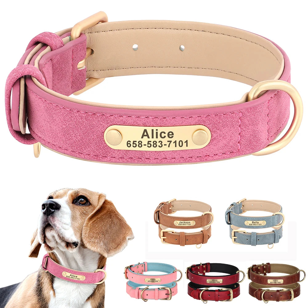 Personalised PU Leather Dog Collar - Custom Engraved Nameplate Tags for All Dog Sizes