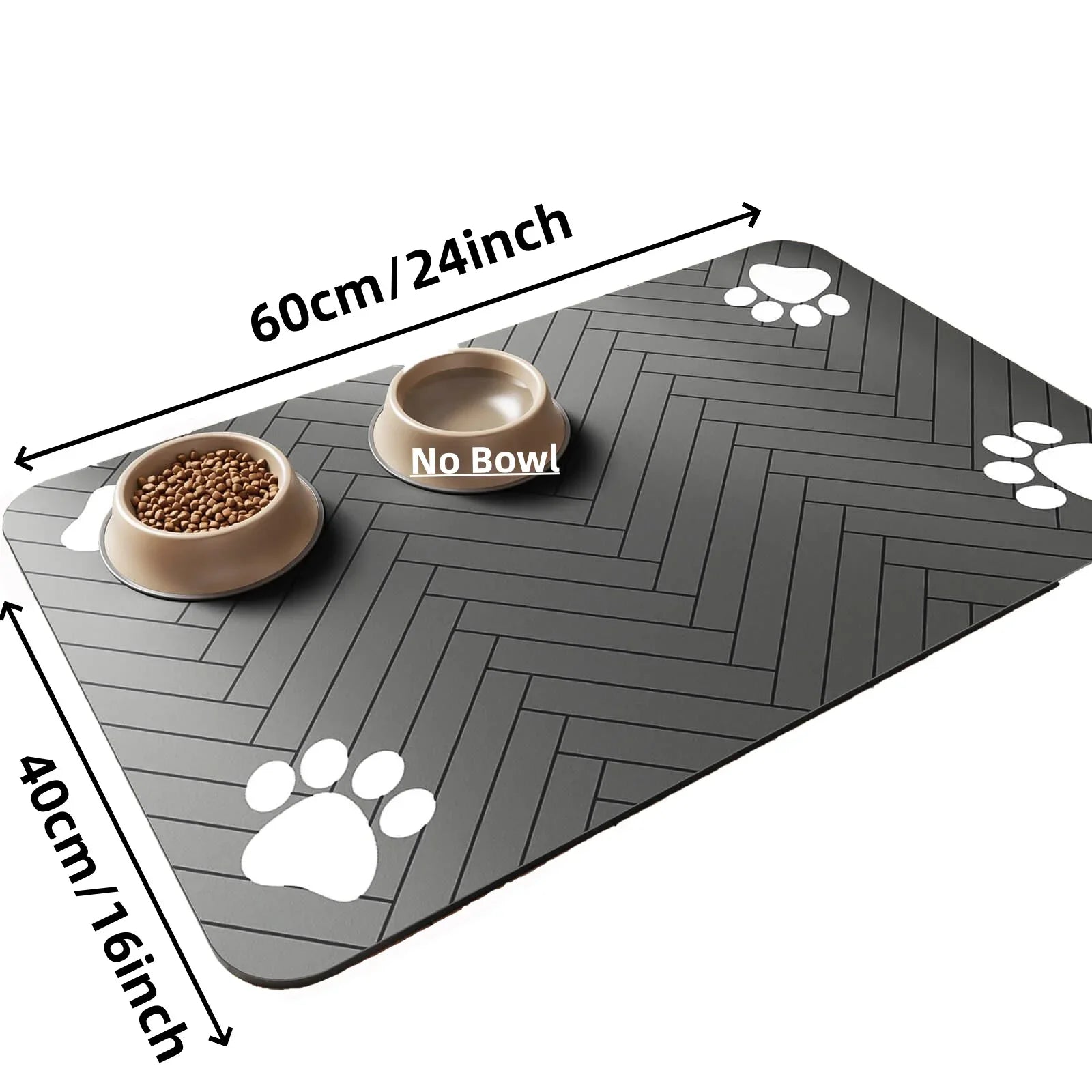 Gray pet mat with paw prints and two bowls on a white background
