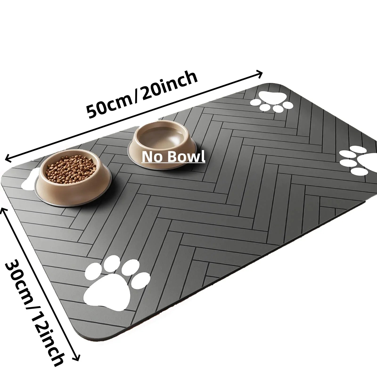 Gray pet mat with paw prints and two bowls on a white background