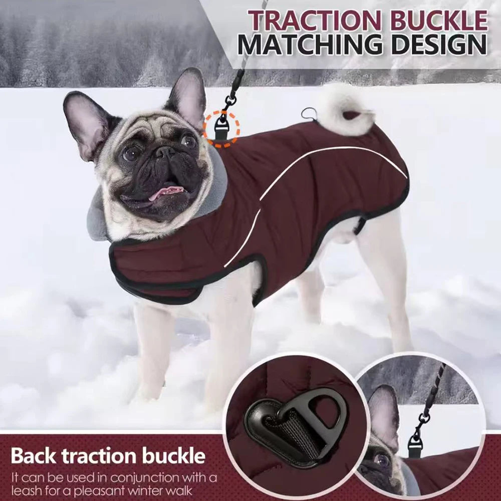 Dog wearing a brown winter coat with a back traction buckle design on a snowy background.