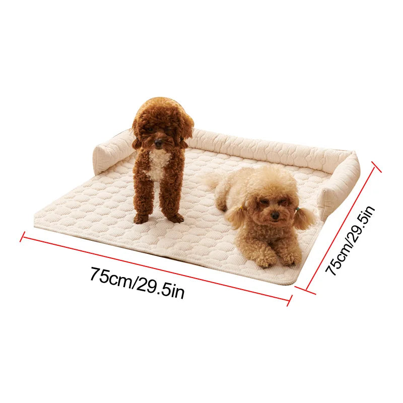 Two dogs on a quilted pet mat with dimensions indicated