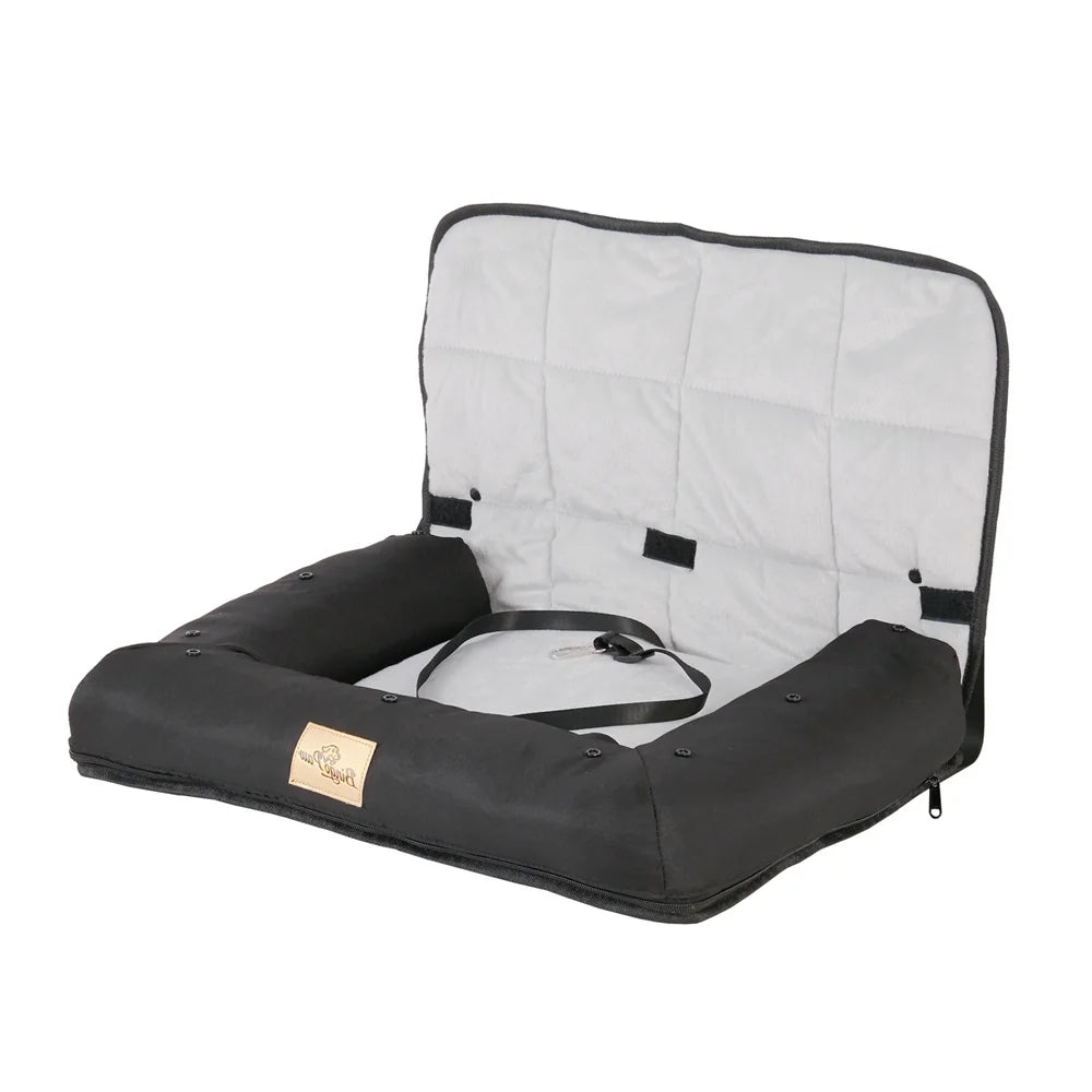 Black and gray pet bed with a visible brand logo on a white background