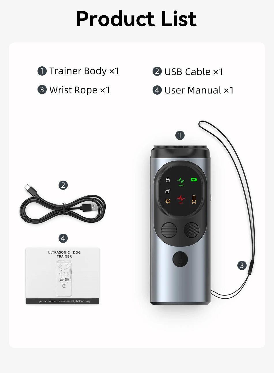 Ultrasonic Dog Repeller – Rechargeable Anti-Barking & Training Device with LED Flashlight