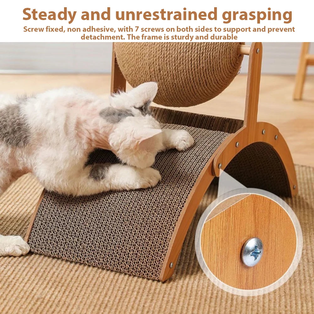 Cat using a wooden scratching post with text about its features.