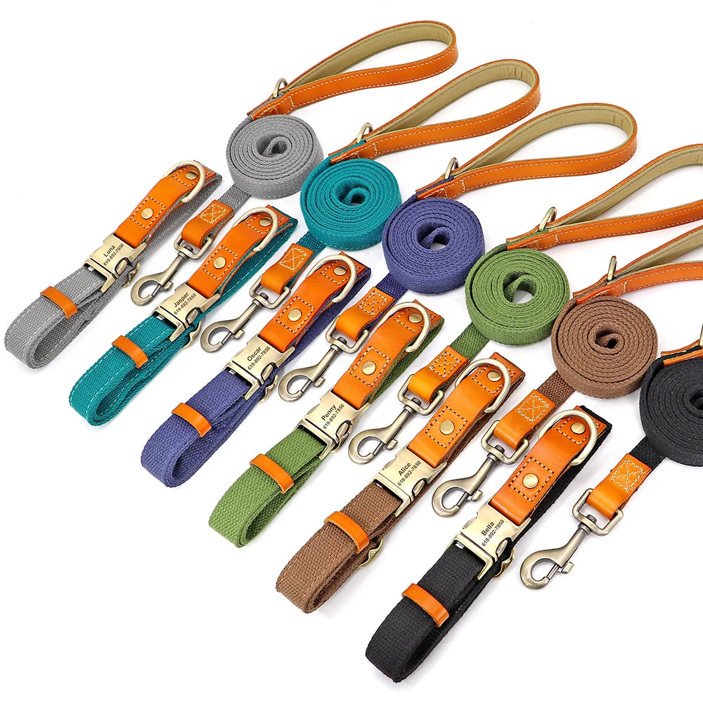 Personalised Nylon & Leather Dog Collar and Leash Set with ID Tag