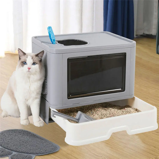 Foldable Cat Litter Box with Front Entry, Top Exit, Scoop & Grooming Massager – Enclosed Kitty Toilet