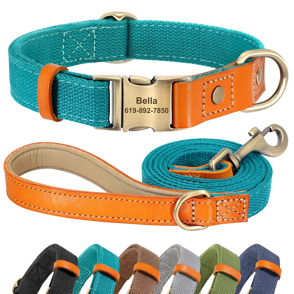 Personalised Nylon & Leather Dog Collar and Leash Set with ID Tag