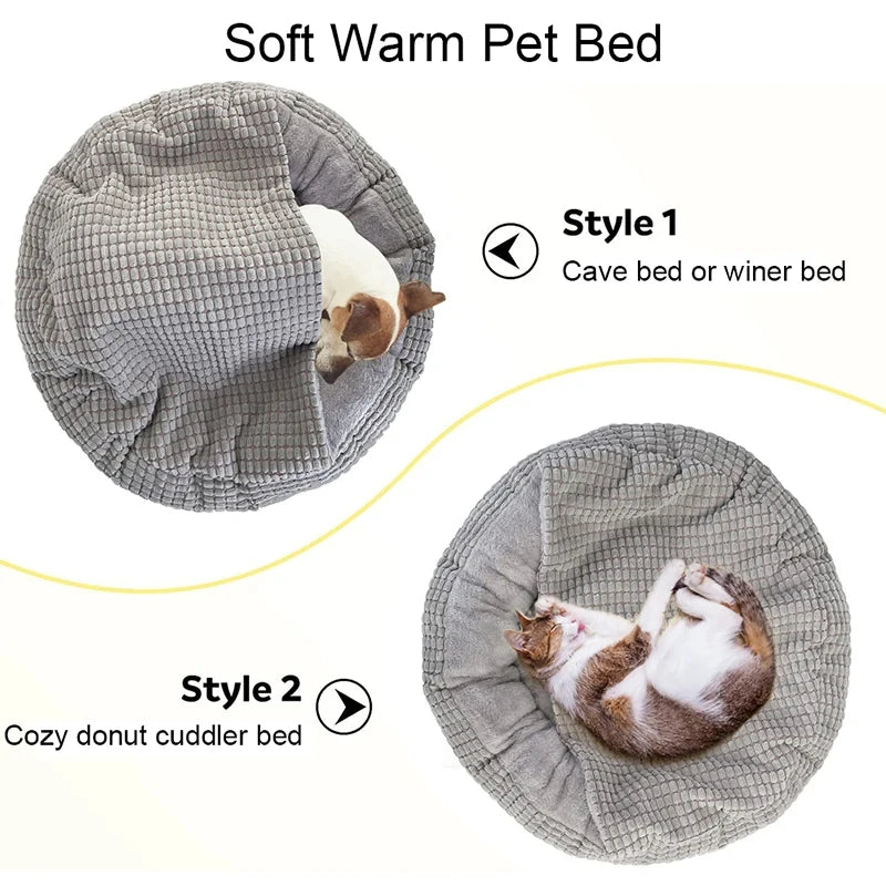 Two styles of soft warm pet beds with pets inside, labeled 'Cave bed or winer bed' and 'Cozy donut cuddler bed'.