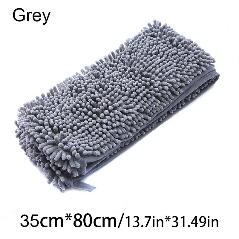 Gray microfiber towel on a white background with dimensions displayed.