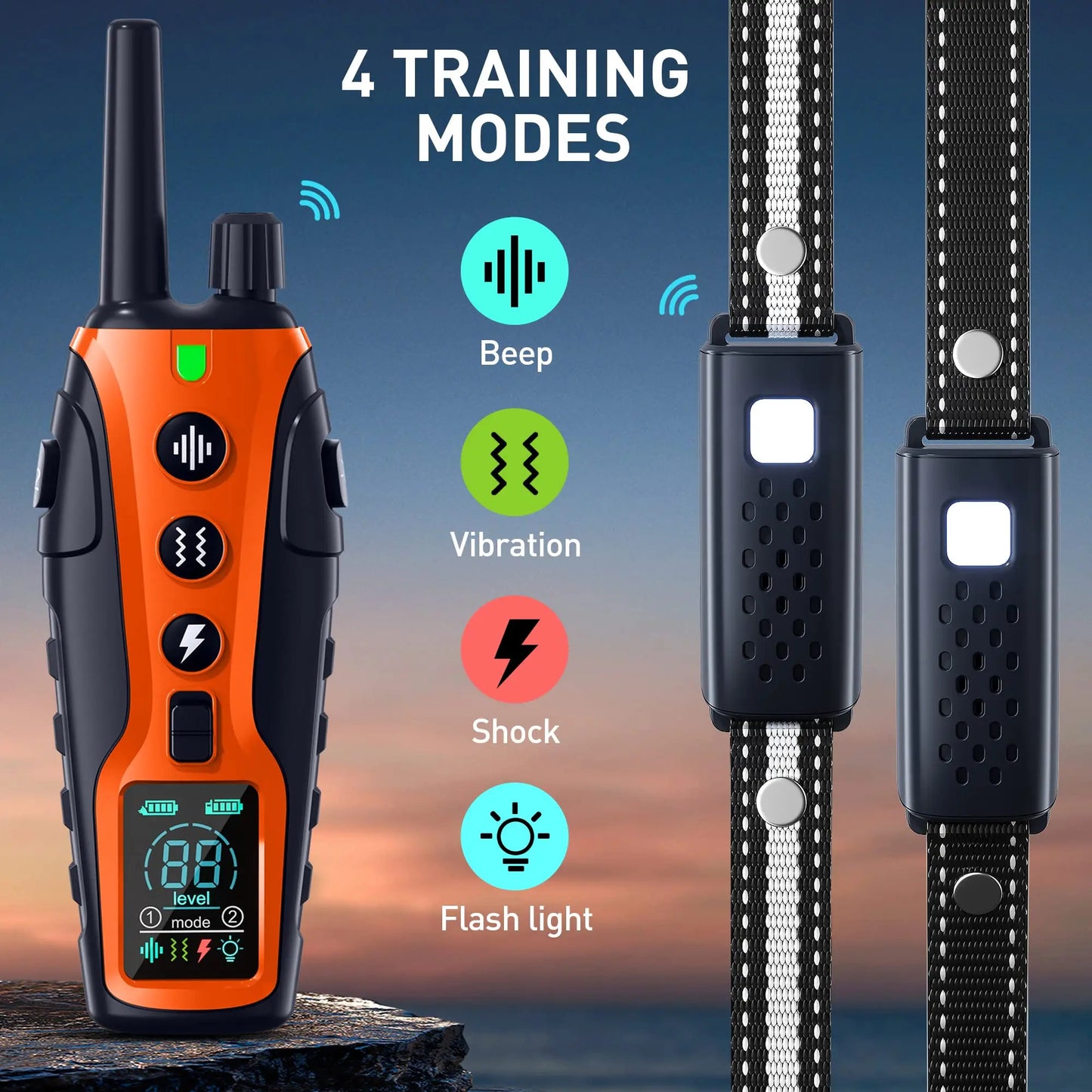 Smart Dog Training Collar with Remote – Long Range, Anti-Bark, Beep, Vibration, Shock & Light Modes | Waterproof & Rechargeable!