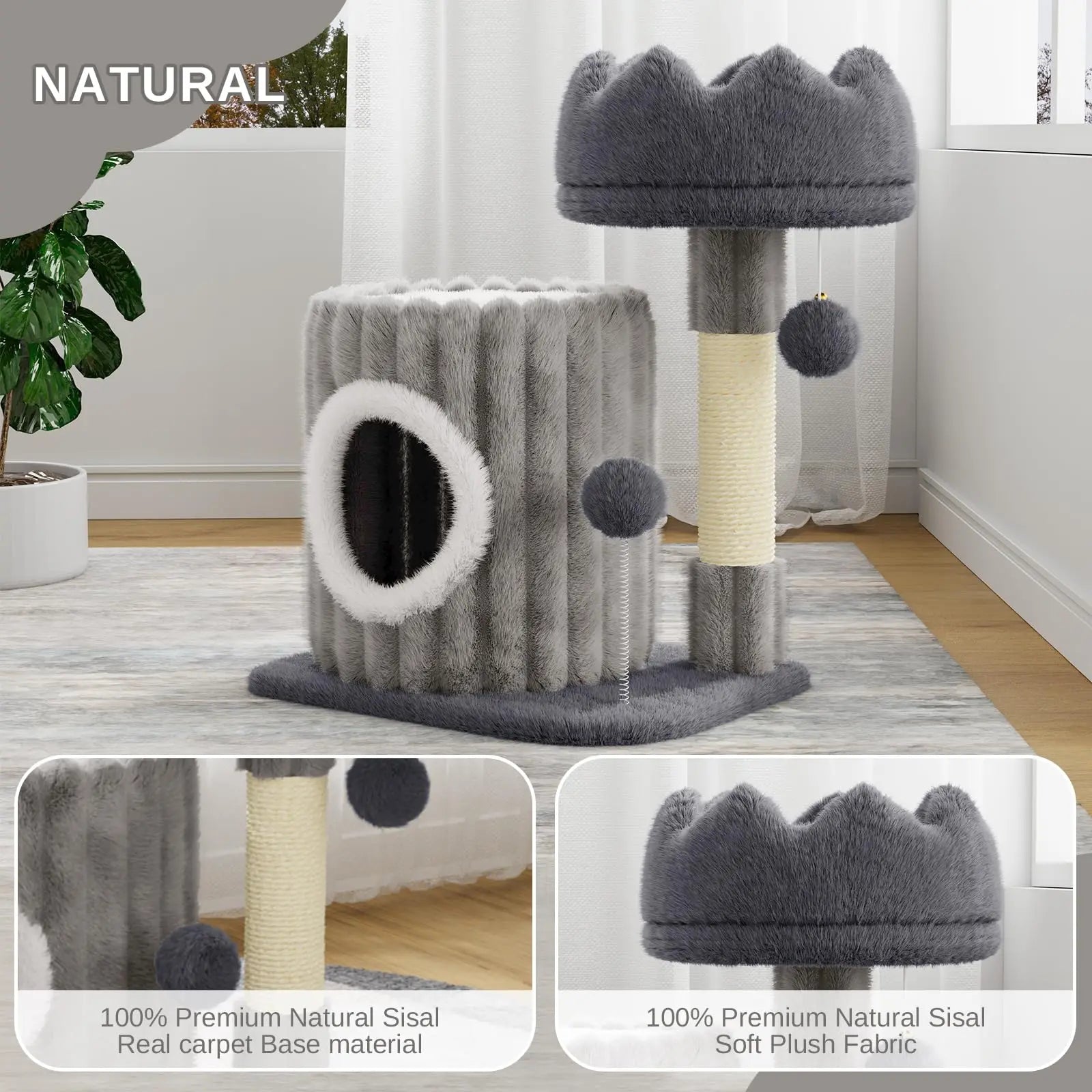 Cat tree with gray plush fabric and sisal base in a room setting