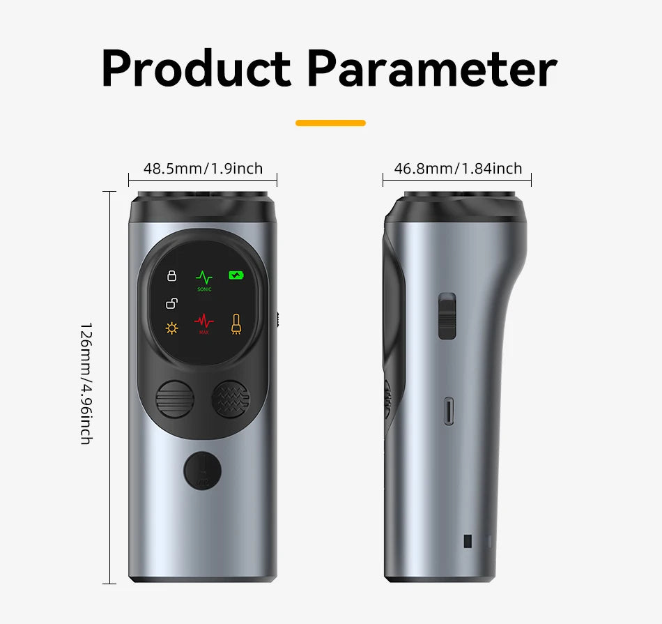 Measurement chart of a device with dimensions labeled on a white background