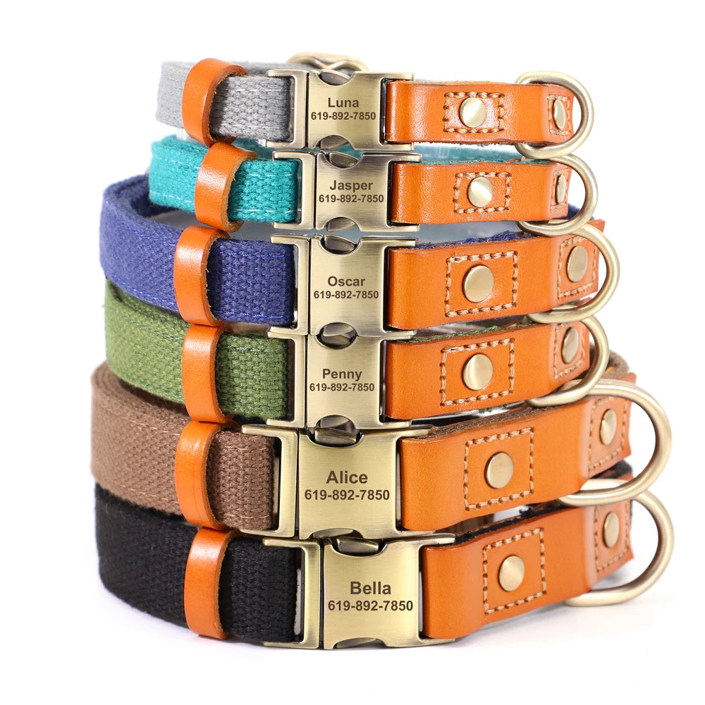 Personalised Nylon & Leather Dog Collar and Leash Set with ID Tag