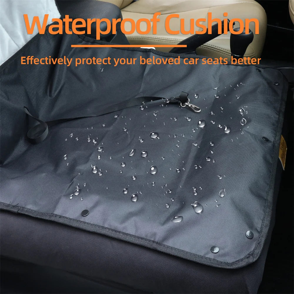 Waterproof cushion on a car seat with water droplets, text 'Waterproof Cushion' and 'Effectively protect your beloved car seats better'.