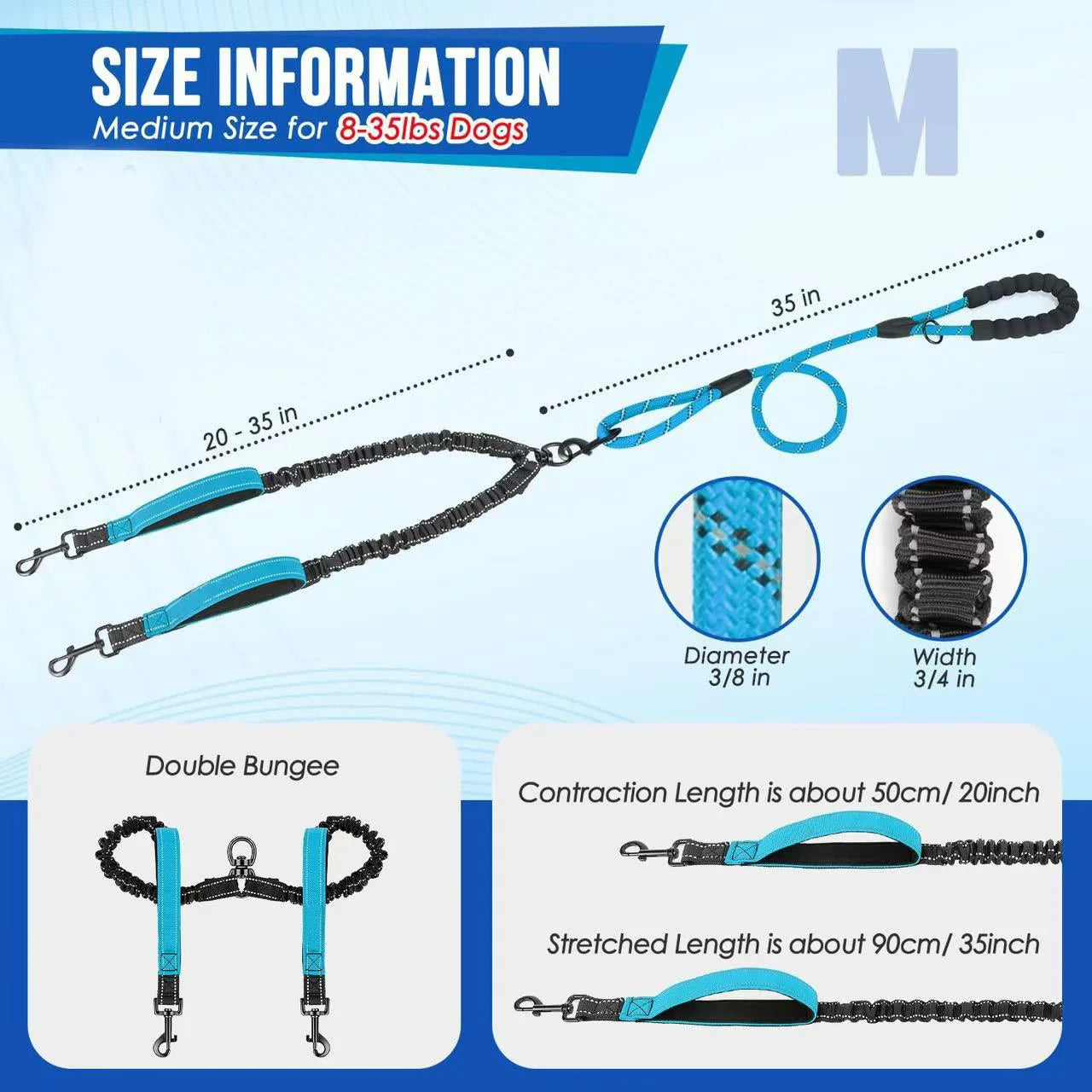 No-Tangle Reflective Double Dog Leash with 360° Swivel – Dual Bungee Leash with Two Traffic Handles for Large Dogs