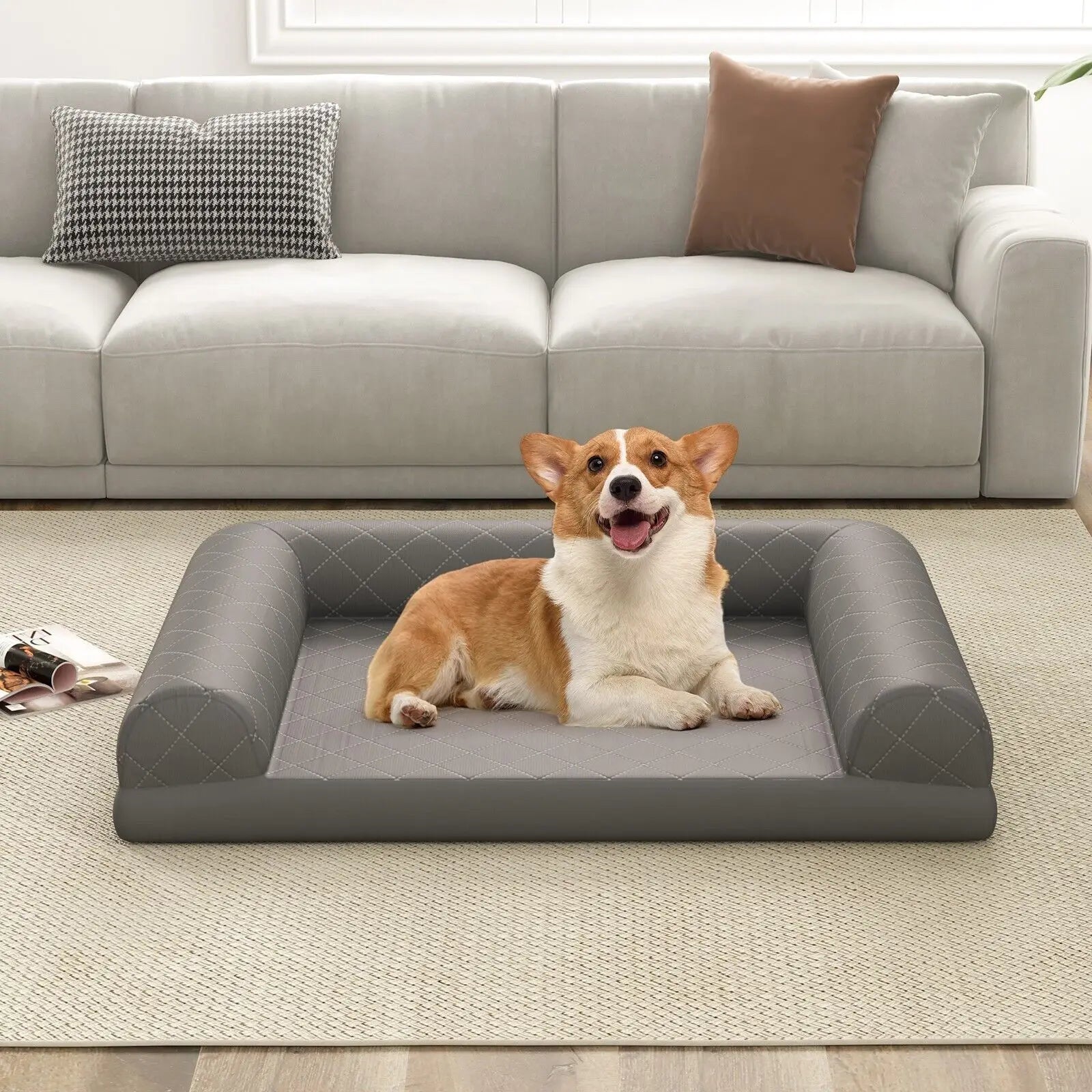 Orthopedic Dog Bed Grey for Small & Medium Dogs – Supportive Egg-Crate Foam Crate Mat with 3-Sided Bolster for Joint Relief & Comfort