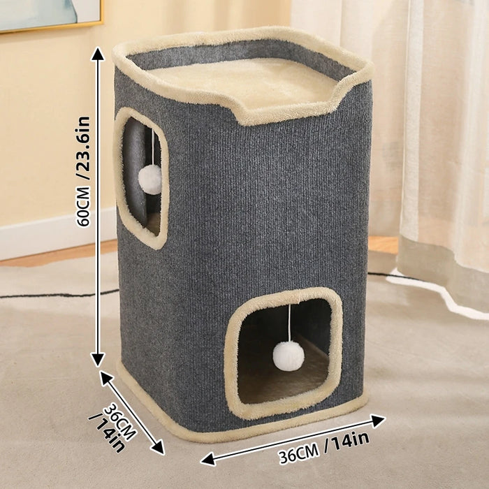2-Layer Cat House – Rectangular Indoor Cat Cave with Hanging Toy, Cozy Double-Layer Bed for Cats