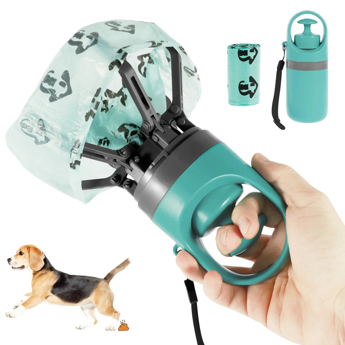 Turquoise pet grooming tool held by a hand, with a dog and additional accessories on a white background.