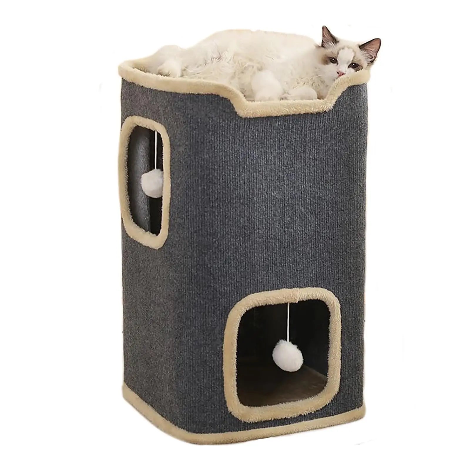 2-Layer Cat House – Rectangular Indoor Cat Cave with Hanging Toy, Cozy Double-Layer Bed for Cats